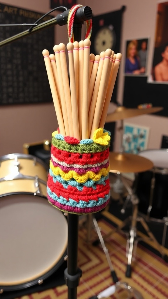 Crochet Drumstick Holder Pattern A crochet drumstick holder filled with drumsticks, displayed on a music stand in a music room.